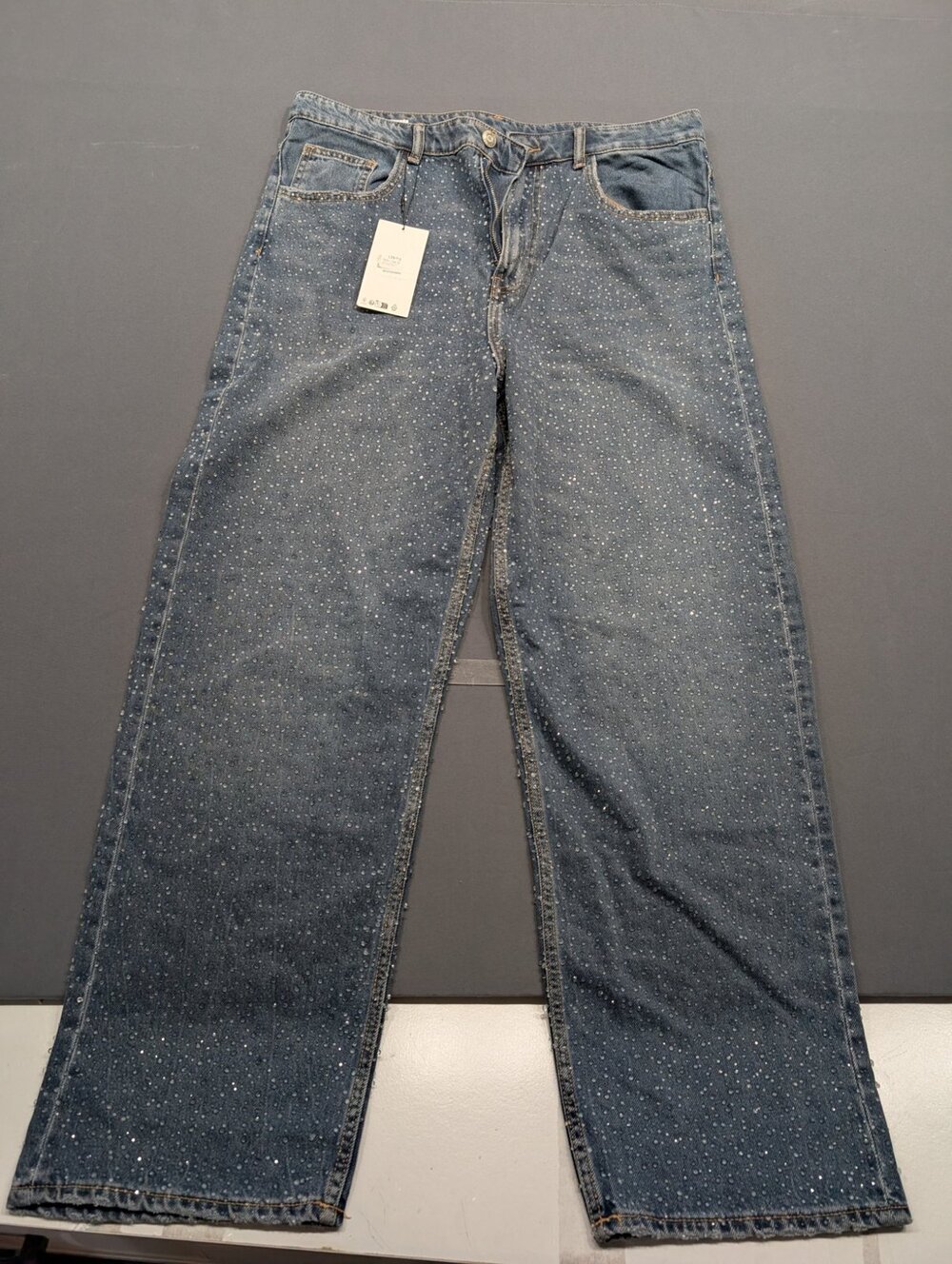 Zara Rhinestone Straight-Leg Jeans Size 42 Blue Crystal NWT